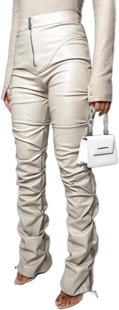 Sumleno High Waist Stacked Pants for Women Faux Leather Ruffle Ruched Leggings Y2k Black Pleated Sexy Aesthetic Streetwear (Medium, Beige)