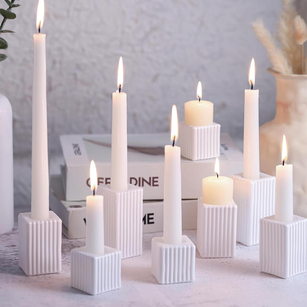 LETINE 12pcs White Vertical Stripe Glass Candlestick Holders - Chic Taper Candle Sticks Holder Set for Elegant Dining & Home Decor - Ideal for Wedding Centerpieces, Parties, and Celebrations