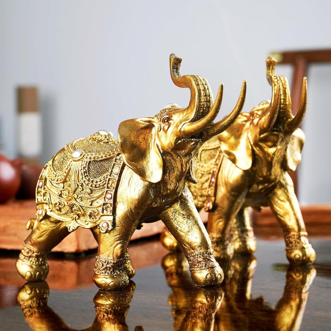 Lucky Elephant Statue,2Pack 7" Elephant Decor,Elephants Figurine for Home Decor Unique and Ornament for Living Room,Table Centerpiece Shelf and Office Adds(Resin Craft)
