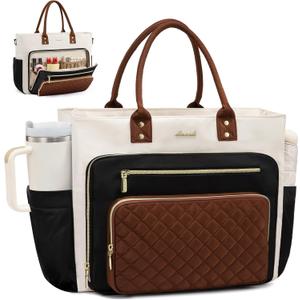 LOVEVOOK Teacher Tote Bag for Women Work, Laptop Bag With Large Cup Holder, Nurse Bags Professional Briefcase Business Computer Purses Handbag, Black-Beige-Brown, 15.6 Inch