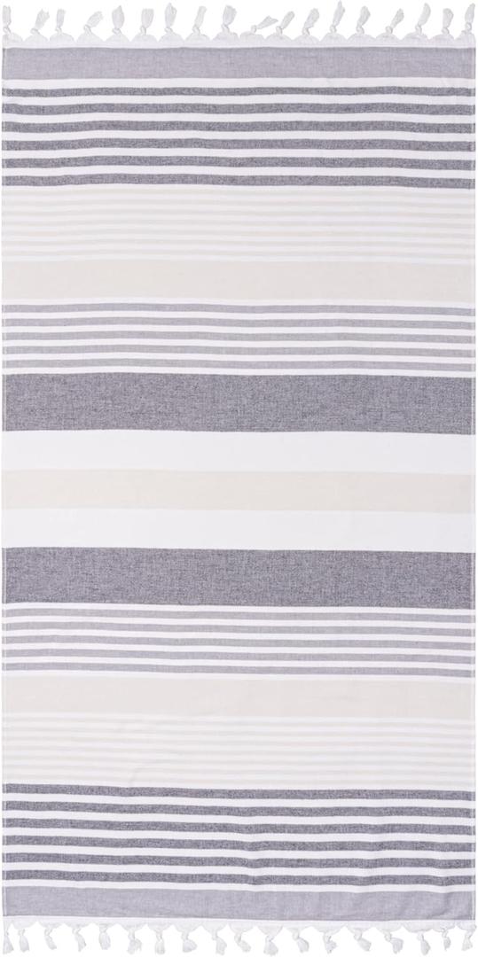 Oversized Cotton Beach Towel for Adults and Kids, Quick Drying Towels for Pool, Spa, Resort, Hotel, Camping, Travel, Super Absorbent, Striped with Tassels, Meera Collection, Black