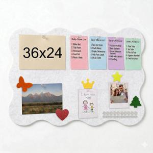 Scalloped Bulletin Board, 36x24 Scalloped Felt Bulletin Board, 3' by 2' Trifold Foldable Picture Display with 20 Pins & 5 Cute Decors - White