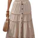 Womens Boho Maxi Skirt High Waist Tiered Ruffle Long Skirts with Buttons and Drawstring Summer Casual Vacation Outfit (Apricot)