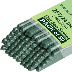 Garden Stakes 24 Inch, 2ft Metal Plant Stakes 50 Pack for Gardening and Farm, Plastic Coated Plant Support for Tomato, Cucumber, Bean, Flower, Potted More Climbing Plants