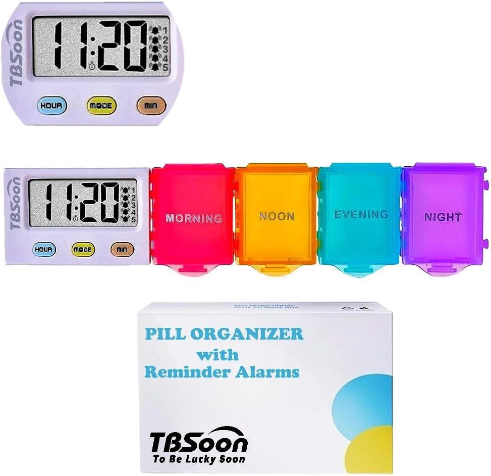 [4 in 1] 1 Day 4 Times Medicine Pill Organizer +5 Alarms + Timer+ Clock, Large Compartments,Loud Sound,Large Screen, Moisture-Proof,Dust-Proof, Travel Daily Pill Box/Organizer/Case/Container/Dispenser