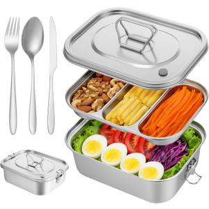 304 Stainless Steel Bento Box 3-Compartment Tray Lunch Box and Food Containers Leakproof 1800ml Metal Bento Containers with Airtight Valve Handle Including Fork Knife Chopsticks for Travel Work Picnic