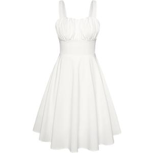 Belle Poque Women's Vintage Sleeveless Solid Floral Ruched Summer Cute A-Line Flowy Swing Midi Dress (Medium, White)