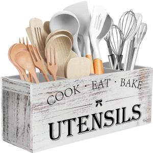 Suli Extra Large Kitchen Utensils Holder with 4 Compartments, Wooden Utensil Organizer for Kitchen Countertop, Farmhouse Decor, Rustic Cooking Utensil  White grain