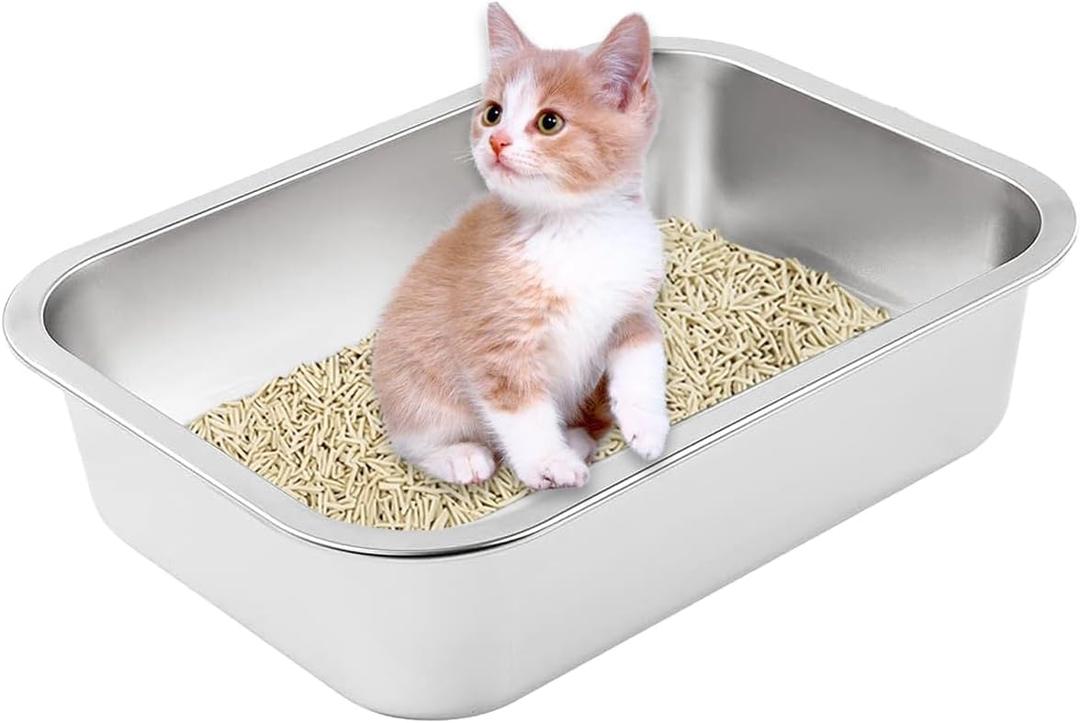 Stainless Steel Cat Litter Box with High Sides, Non-Stick Smooth Surface (15.7" L x 11.8" W x 3.9" H) for Cats & Rabbits