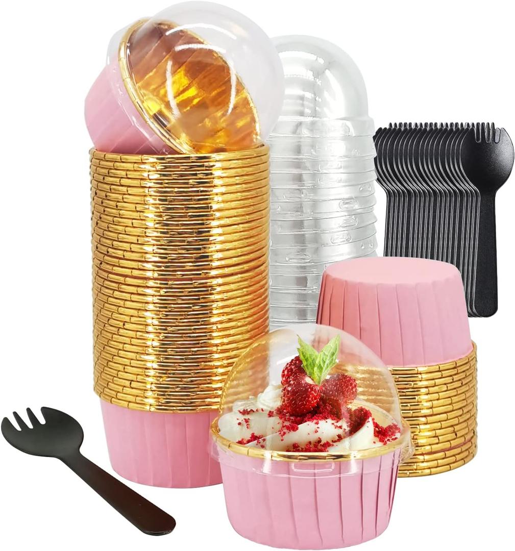 Cupcake Liners with Lids 50 Pack,LNYZQUS 5oz Large Foil Cupcake Cups Muffin Tins,Disposable Baking Cups Muffin Liners Wrappers Holders for Wedding Valentine-Pink in gold