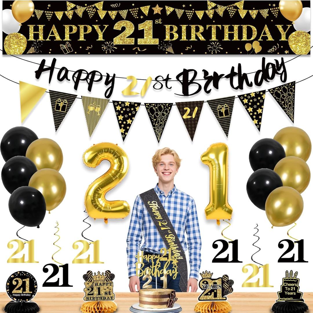 27pcs 21st Birthday Decorations for Men,Black Gold 21st Party Decorations,Happy 21st Birthday Banner Honeycomb Hanging Swirls Cake Topper and Balloons Kit Party Supplies