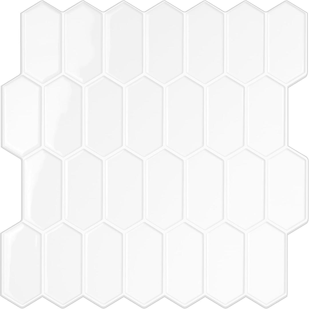 Peel and Stick Tile for Kitchen, Thicker Design 3D Self -Adhesive Long Hexagon Wall Tile Backsplash, White 10-Sheet 12"x12" Stick on Tiles, Peel and Stick Wall Tiles for Kitchen