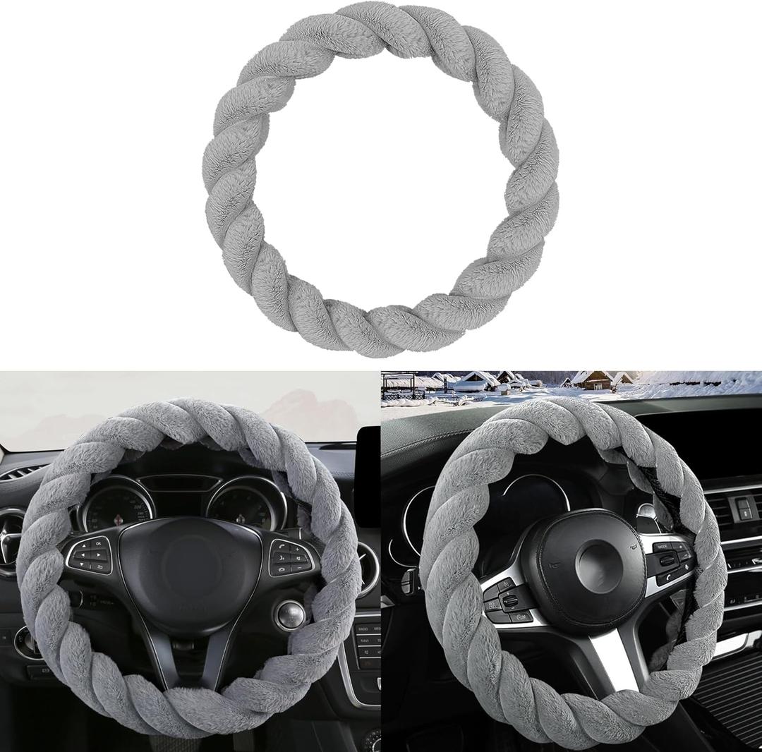 Luxury Fluffy Winter Car Steering Wheel Cover for Women Soft Warm Plush Cute Auto Accessories for Vehicle, Sedan,Universal,Fuzzy,Black,Anti Slip (Grey)