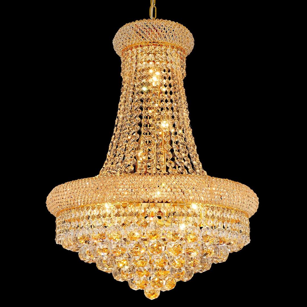 Crystal Chandeliers for Dining Room Light Fixture, Empire Style K9 Crystal Chandeliers for Entryway, 12 Lights Gold Luxury Lighting Fixtures for Living Room Stairway Bedroom Foyer Hallway