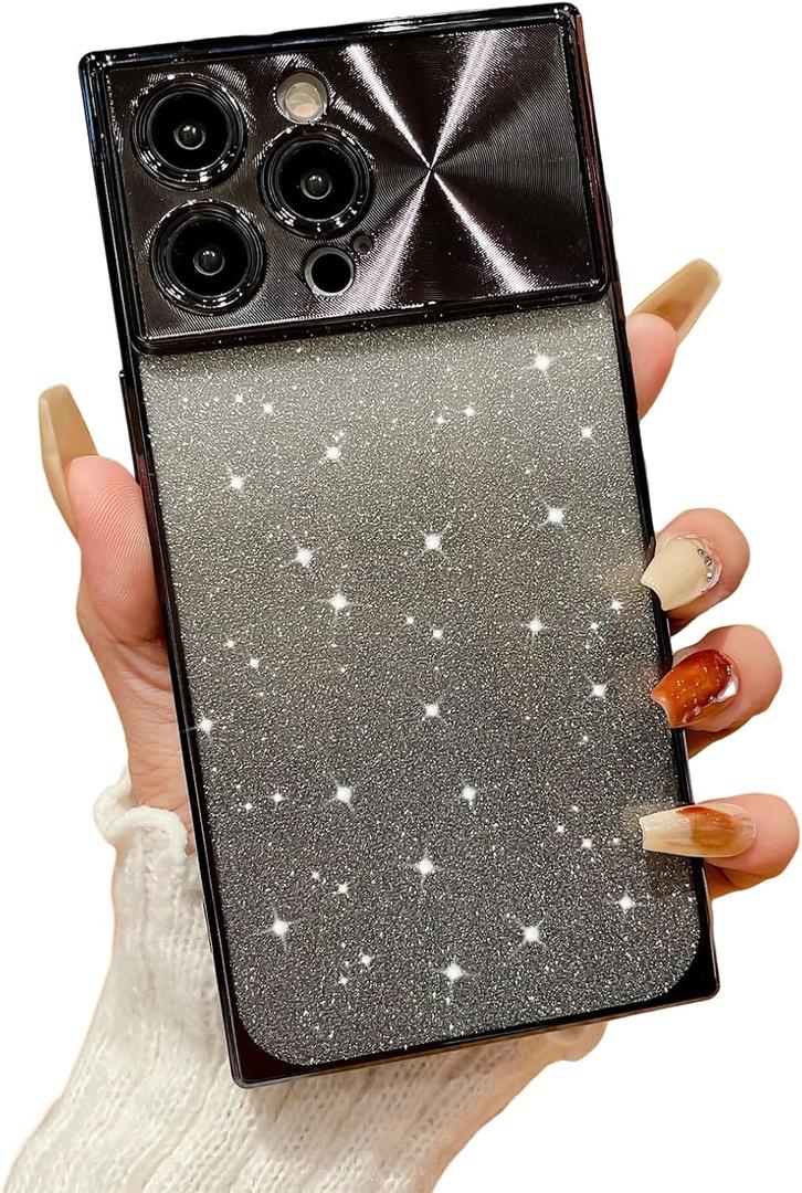 for iPhone 14 Pro Max Case Glitter Gradient,Luxury Sparkle & Clear Phone Case Bling Cute for Women Electroplate Full Lens Protection Reinforced Corners Shockproof Edge Protective Cover-Black