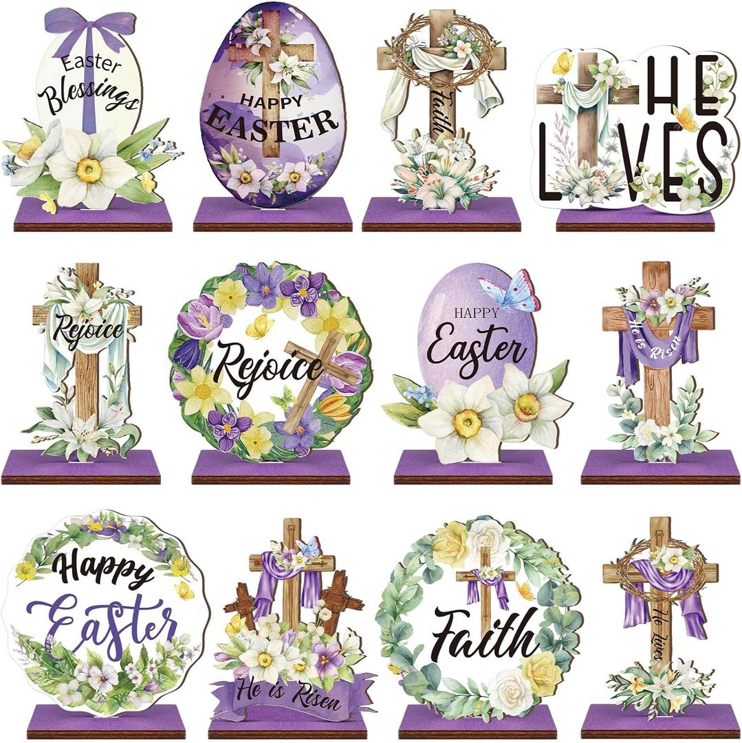 Marsui 12 Pcs Easter Wooden Table Decorations Centerpieces Religious He is Risen Cross Wood Sign Christian Vintage Easter Decor for Home