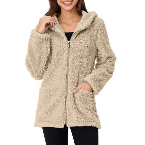 bawilom Womens Winter Sherpa Fleece Jacket Zip Up Coat Fluffy Long Sleeve Lightweight Hoodies Jacket Outwear with Pockets, 2XL