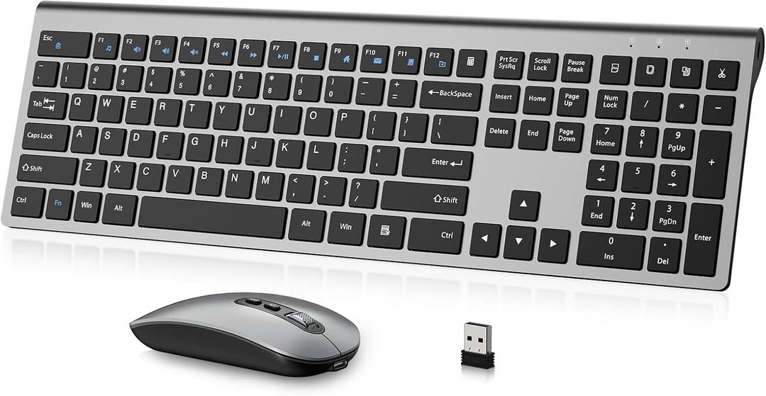 Rechargeable Wireless Keyboard and Mouse Combo, Full Size Silent Ergonomic Scissor Switch Keyboard and Optical Mouse Set, 2.4G Lag-Free Cordless Keyboard Mice for Computer,Mac,Laptop,PC,Windows-Grey