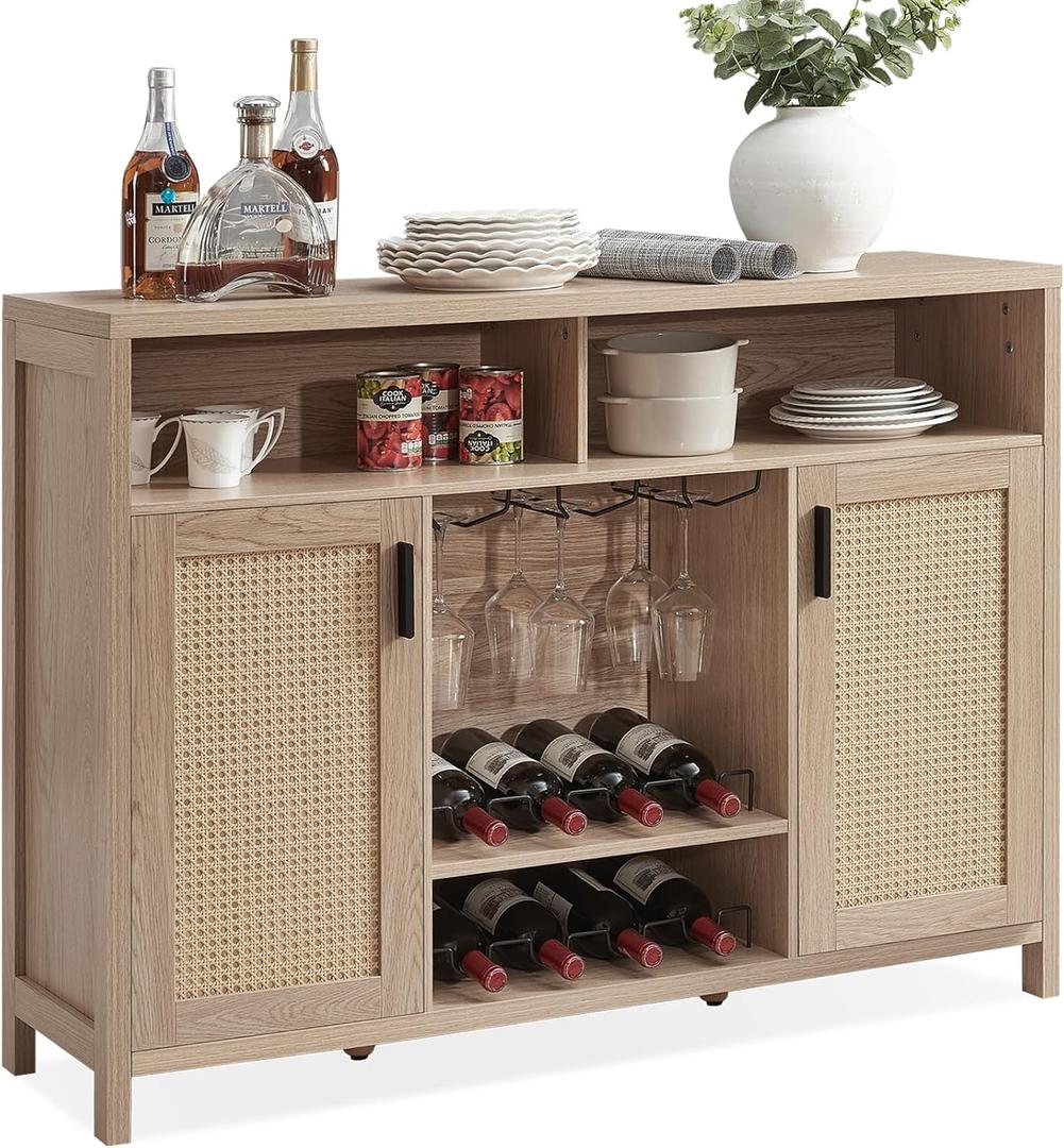 Alaxgumrol Coffee Bar Cabinet, Rattan Buffet Sideboard Cabinets with Storage, Boho Liquor Cabinet for Home with Glass Holder and Wine Racks, Wine Cabinet for Living Dining Room Kitchen Entryway, Oak