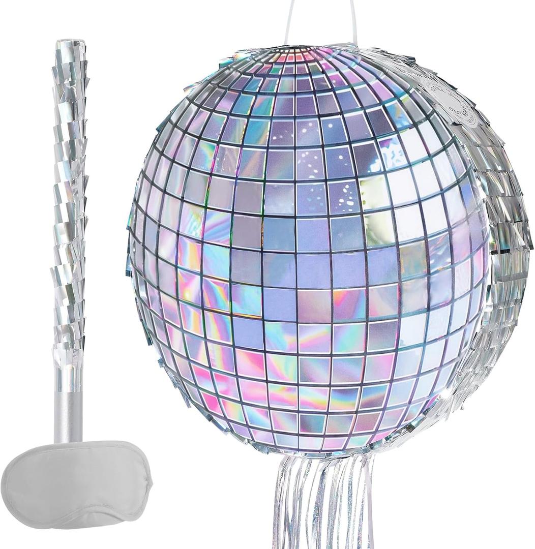 WERNNSAI Disco Ball Piata - Disco Party Decoration for Adult Birthday Party Supplies Hanging Disco Piata with Bat Blindfold Mirror Roller Skating Pull String, 12.2 x 12.2