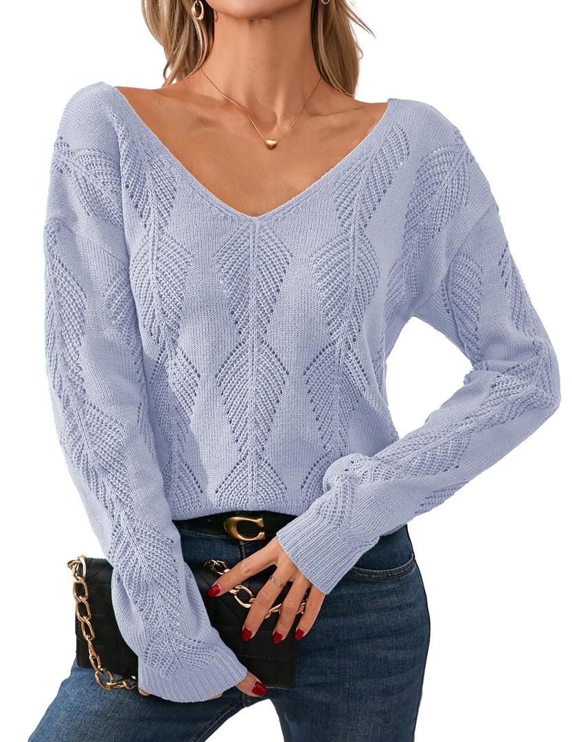 Libsorge Womens V Neck Cardigan Sweaters for Women Leaf Crochet Reversible Sweaters Fall 2025 Sexy Cropped Lightweight Hollow Out Knit Off The Shoulder Long Sleeve Button Pollover Tops Blue M
