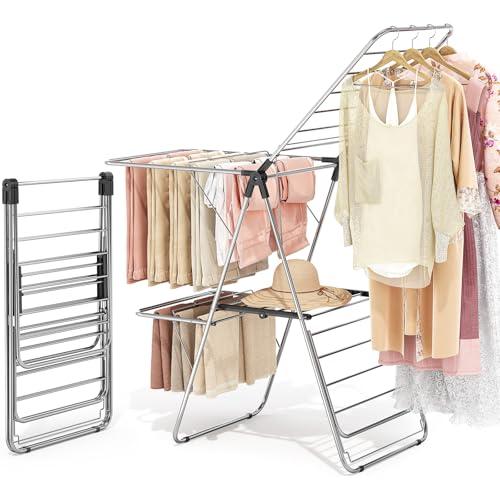 APEXCHASER Clothes Drying Rack with 4 Wings, Stainless Steel Drying Rack Clothing with Height-Adjustable, Foldable Gullwings Laundry Drying Rack, Indoor Outdoor Use, No Assembly, Black