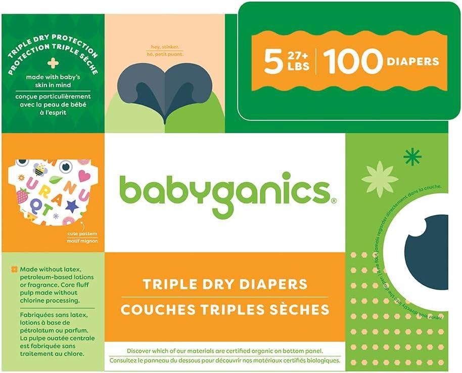 Babyganics Size 5, 100 count, Absorbent, Breathable, Triple Dry Protection Diapers