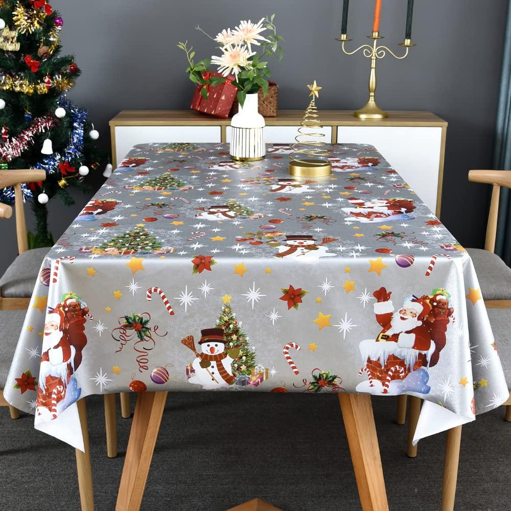 TruDelve Plastic Christmas Tablecloth Rectangle Silver Vinyl Christmas Table Cloth Oblong Xmas Table Cover with Snowman for Party (54'' x 108'', Snowman)