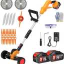Electric Weed Wacker Cordless Eater Battery Powered, String Trimmer with 21V/4.0Ah Battery Operated & Wheels 3 Types Blades, 3 in 1 Stringless Grass Trimmer/Edger/Brush Cutter for Garden Yard Lawn