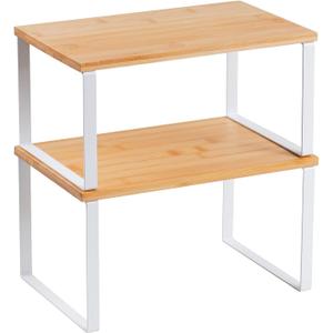 Kitchen Cabinet Organizer Shelf, Set of 2 Stackable Counter Shelves, Small Wood Cabinet Riser Shelf for Pantry Cupboard Spice Dish Mug Cup, Expandable, Metal Engineered Wood (Beige & White, 11.7''W)