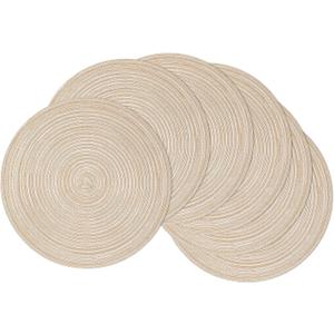 SHACOS 15 Inch Round Braided Placemats Set of 6 Cotton Polyester Place Mats Non Slip Heat Resistant Washable Table Mats for Kitchen Dining Party Table Decor (Beige, 6)