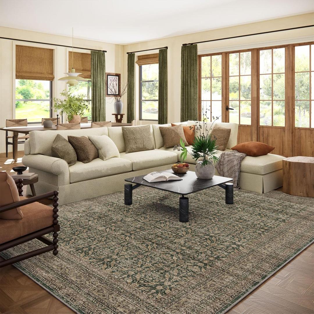 Machine Washable Rugs for Living Room: 8x10 Area Rugs Boho Vintage Rugs Stain Resistant Non Slip Low Pile Soft Lightweight Carpet for Bedroom Kitchen Dining Room Nursery Kids Room Farmhouse (Dark Green Brown)