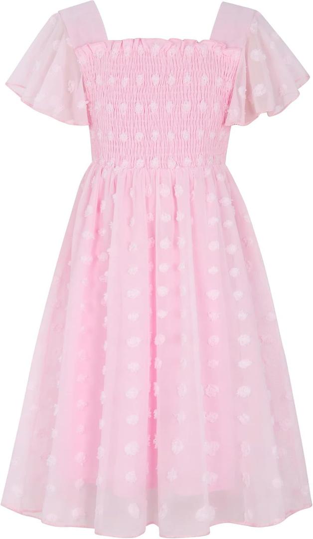 Kids4ever 6-12T Girls Chiffon Dress with Solid Pom Poms & Flutter Ruffle Short Sleeve Kids Lace Square Neck Frocks, 13T