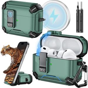 Inesore for AirPods Pro 3 Case (2025) with Phone Stand & Cleaning Kit,Compatible with Magsafe,Magnetic Automatic Lock Cover for AirPods Pro 3rd GenerationLight Green