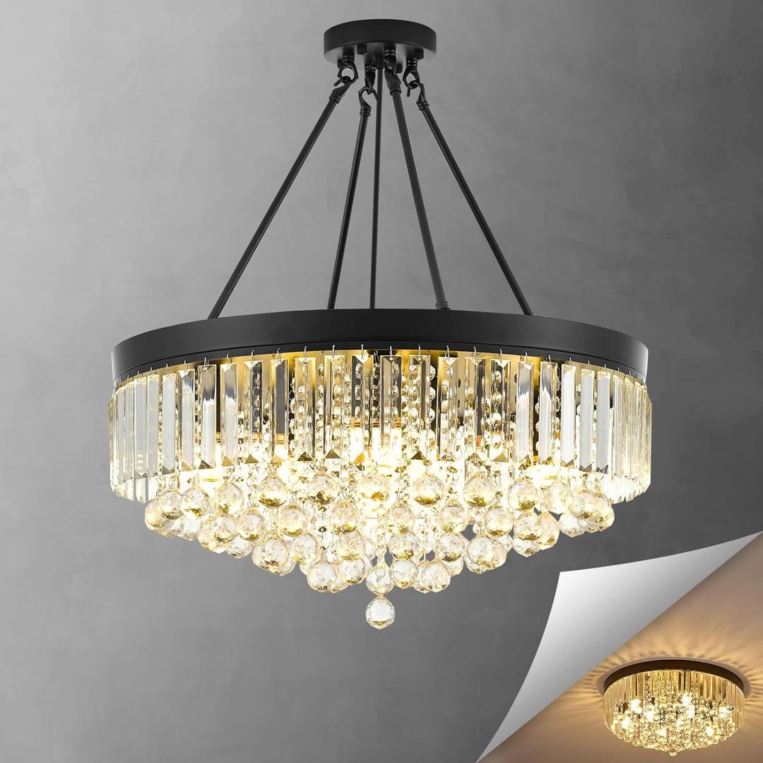 Black 9-Light Crystal Chandelier 22'' Modern Semi Flush Ceiling Crystal Hanging Light Fixture Sparkling Decoration for Entryway Bedroom Living Dining Room Kitchen Island Hallway Foyer