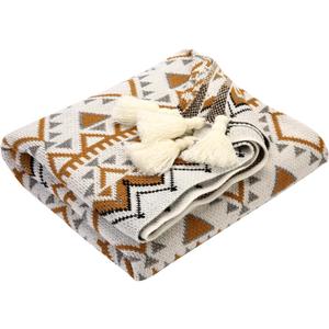 Orange Pattern Toile Boho Throw Blanket,Knitted Tassel Throw Blanket,Soft Lightweight Air Conditioning Blanket for Sofa Couch Bed and Living Room- All Seasons(Yellow Orange)