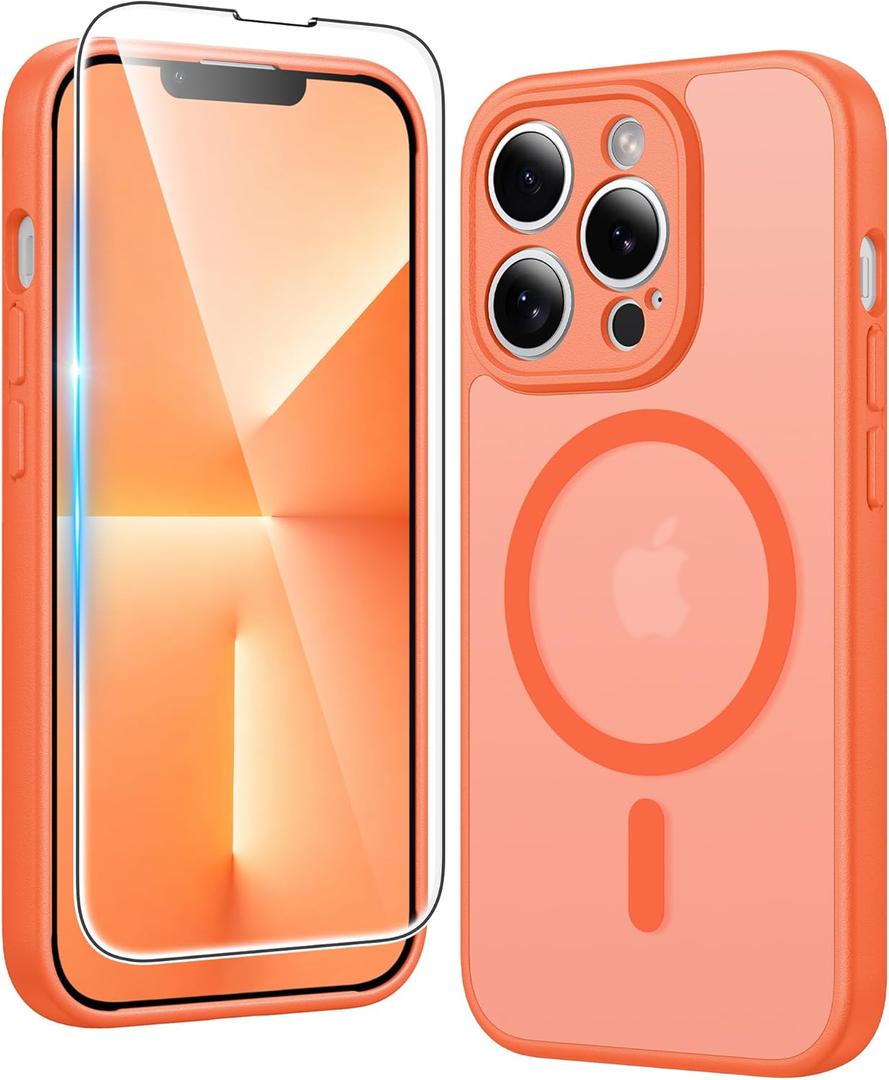 FNTCASE for iPhone 13 Pro Case: Matte Magnetic Phone Cases with Screen Protector Compatible with Magsafe Slim Anti Yellowing Rugged Shockproof Protective Translucent Cell Phone Cover (C-Orange)