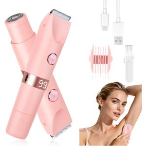 2-in-1 Electric Shaver & Bikini Trimmer with LED Display for Women & Men，IPX7 Waterproof Wet/Dry Electric Razor with Dual Head, Rechargeable Painless Body & Facial Hair Remover (Pink)