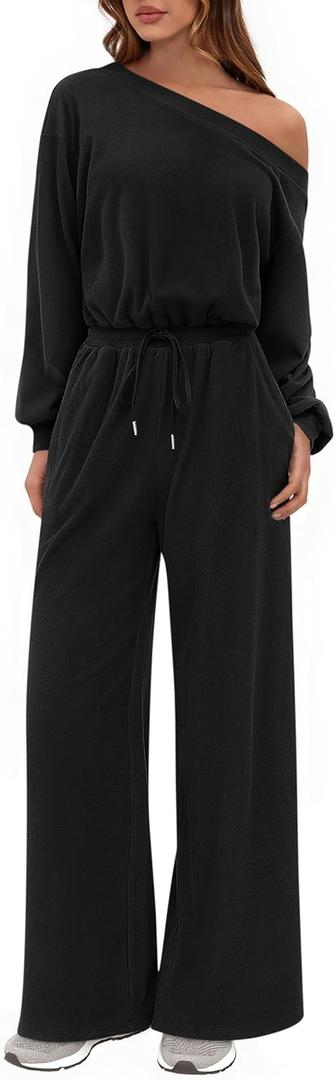 PRETTYGARDEN Long Sleeve Jumpsuit For Women Dressy 2025 Off Shoulder One Piece Loose Wide Leg Jumpsuits Casual Flowy Romper (Medium, Black)