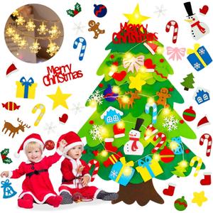 EMPOF Felt Christmas Tree for Toddlers - 3.3ft Felt DIY Tree Set for Kids Wall with Snowflake Lights + 32 Ornaments, Indoor Christmas Home Wall Hanging Decor Decorations, Xmas Activities Gifts