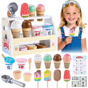 Mini Wooden Ice Cream Toys for Kids Pretend Play Kitchen Food Toys, Counter Shop Playset for Toddlers with Scoop & Menu & Fake Money for 3 4 5 6 Year Old Girls Boys Christmas Birthday Gifts
