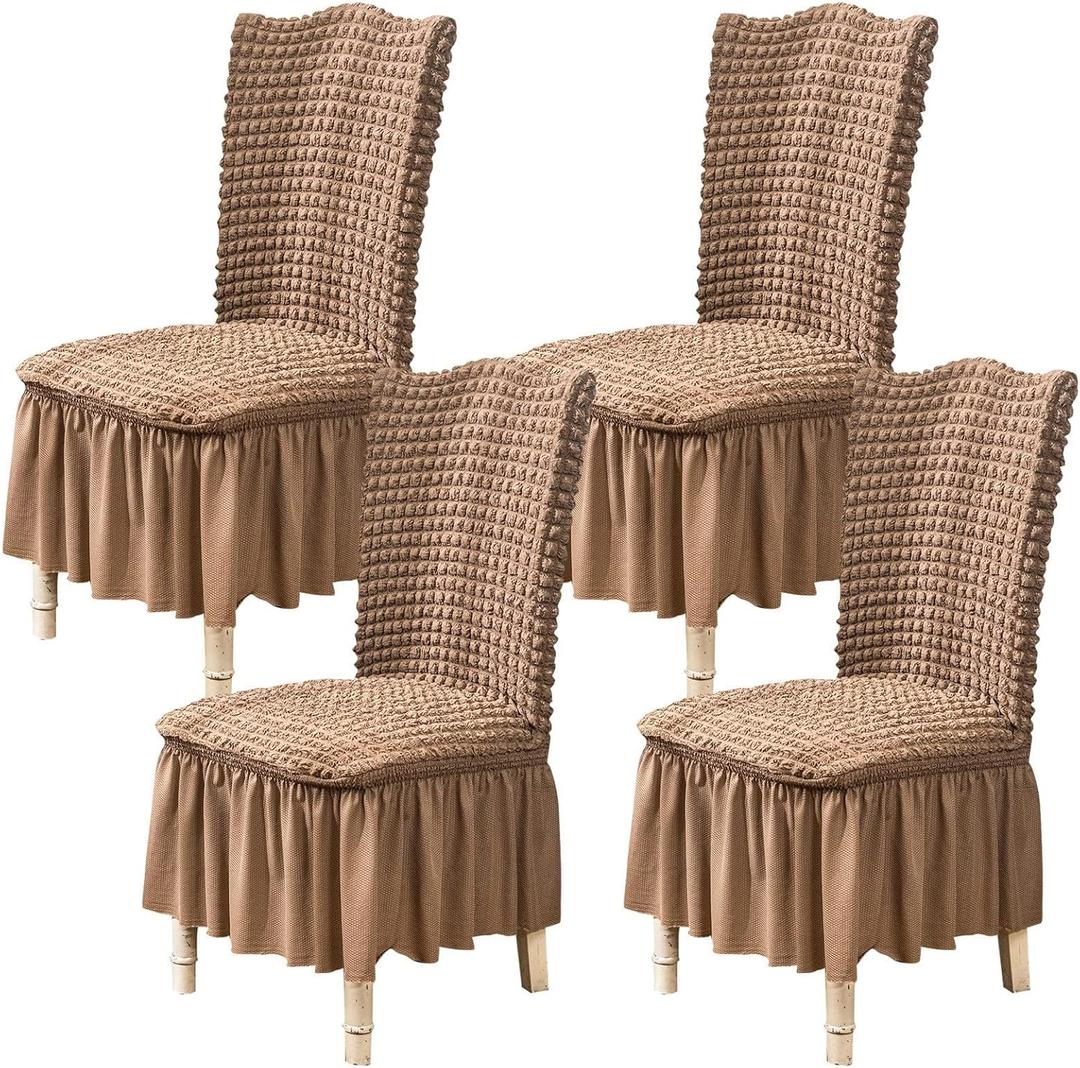Qubjus Chair Covers for Dining Room Set of 4 Stretch Chair Slipcovers with Skirt Removable Washable Kitchen Chair Protector Cover Set for Home, Party, Wedding(Khaki, 4pcs)