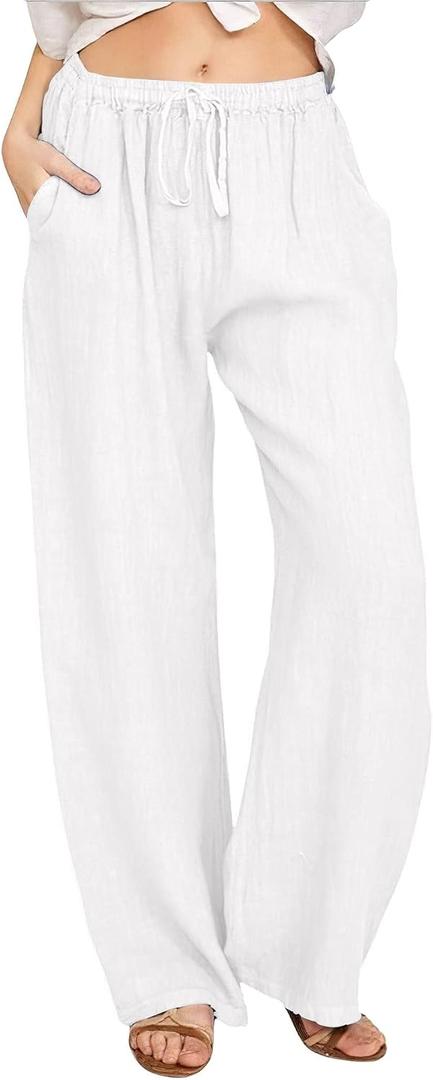 CHARTOU Women's Summer Drawstring Waist Wide Leg Loose Cotton Linen Palazzo Pants (White, S)