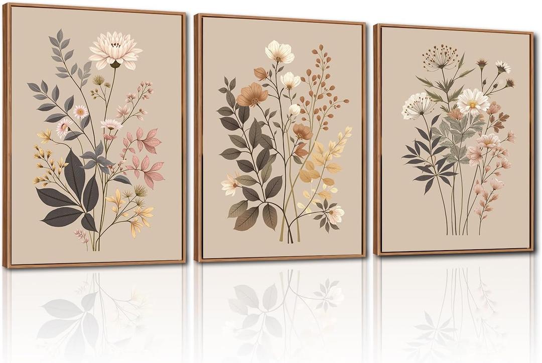 CHDITB Vintage Flower Framed Canvas Wall Art Set, Large Neutral Wildflowers Wall Decor, Farmhouse Floral Artwork Botanical Poster, Modern Art Prints for Living Room Bedroom Office Size 16"x24"