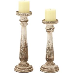 Deco 79 Wood Distressed Pillar Candle Holder, Set of 2 13", 15"H, Brown
