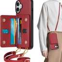 TUCCH Case Wallet for iPhone 16 Plus with Crossbody Lanyard 6 Card Holder, [Detachable Adjustable Strap] RFID Blocking PU Leather Folio Magnetic Closure Wallet Shockproof Phone Cover, Dark Red
