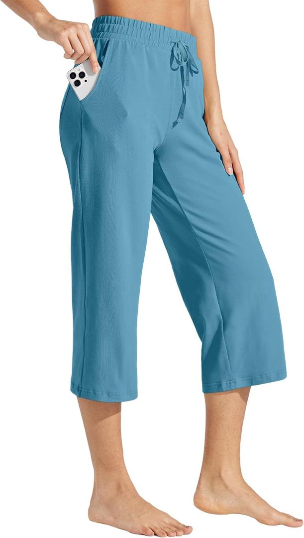 Willit Women's Capris Pants Cotton Yoga Capri Casual Lounge Pants Wide Leg Workout Sweatpants with Pockets 20" (3X-Large, Ocean Blue)