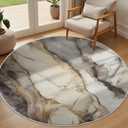 Marble Washable Round Rugs - 5ft Circle Area Rug, Grey and Gold Marble Circle Rug for Dining Room Table, Modern Abstract Luxury Round Carpet Non-Slip Low-Pile