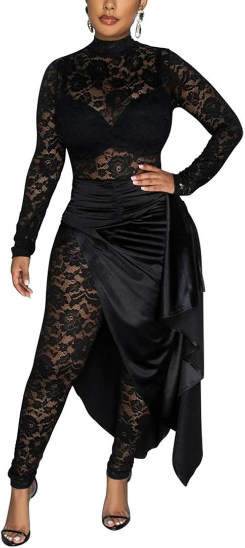 Women's Lace See Through Jumpsuit Bodycon Sexy Club Outfits Long Sleeve Pleated High Split Midi Skirt One Piece Set (Black, L)