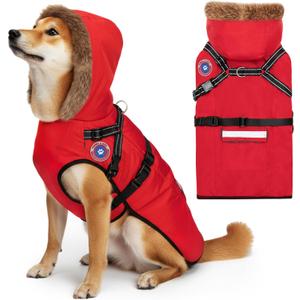 PAWNISAW Dog Winter Coat with Harness Built in, Warm Thick Plush Hooded Dog Snow Jacket for Cold Weather, Windproof Reflective Pet Clothes Outfit for Large Dogs Outdoor